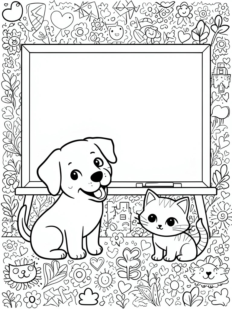 Coloring page of cartoon dog and cat before blank board with doodle border.