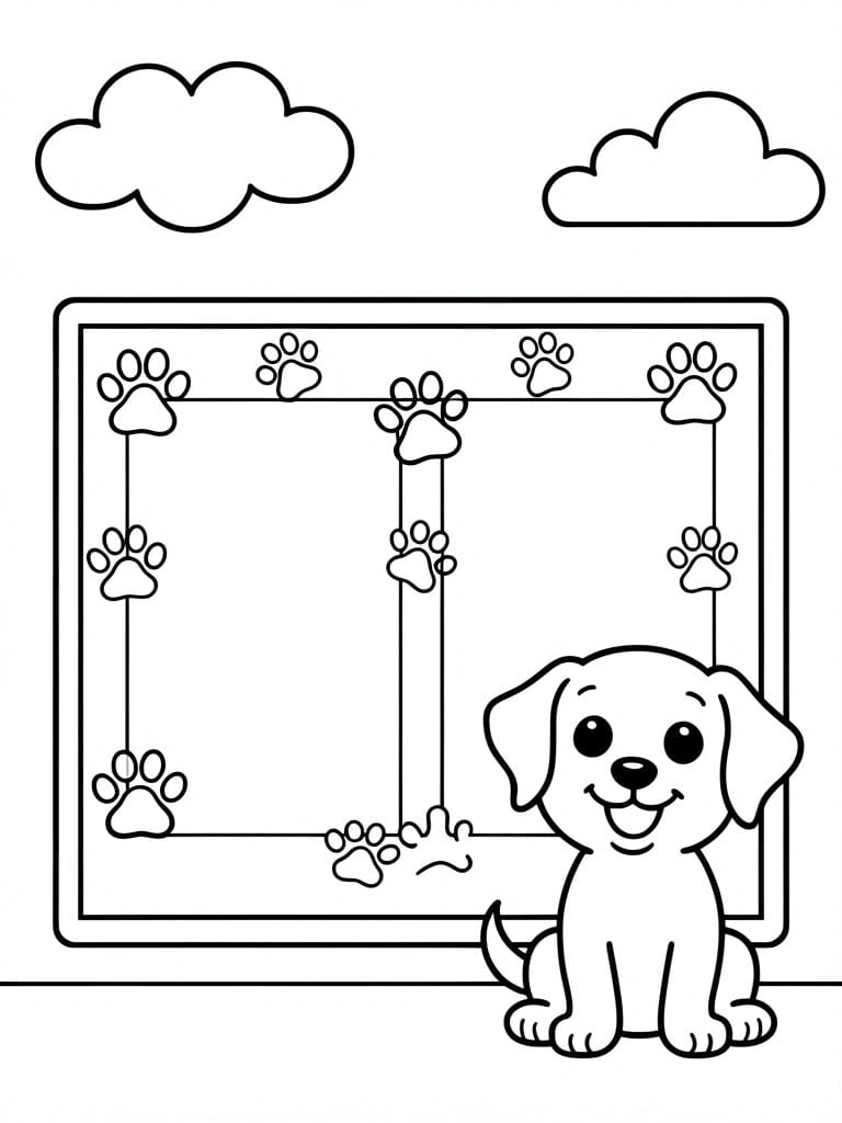 A black and white line drawing of a cartoon dog sitting beside a rectangular frame covered in paw prints with clouds above.