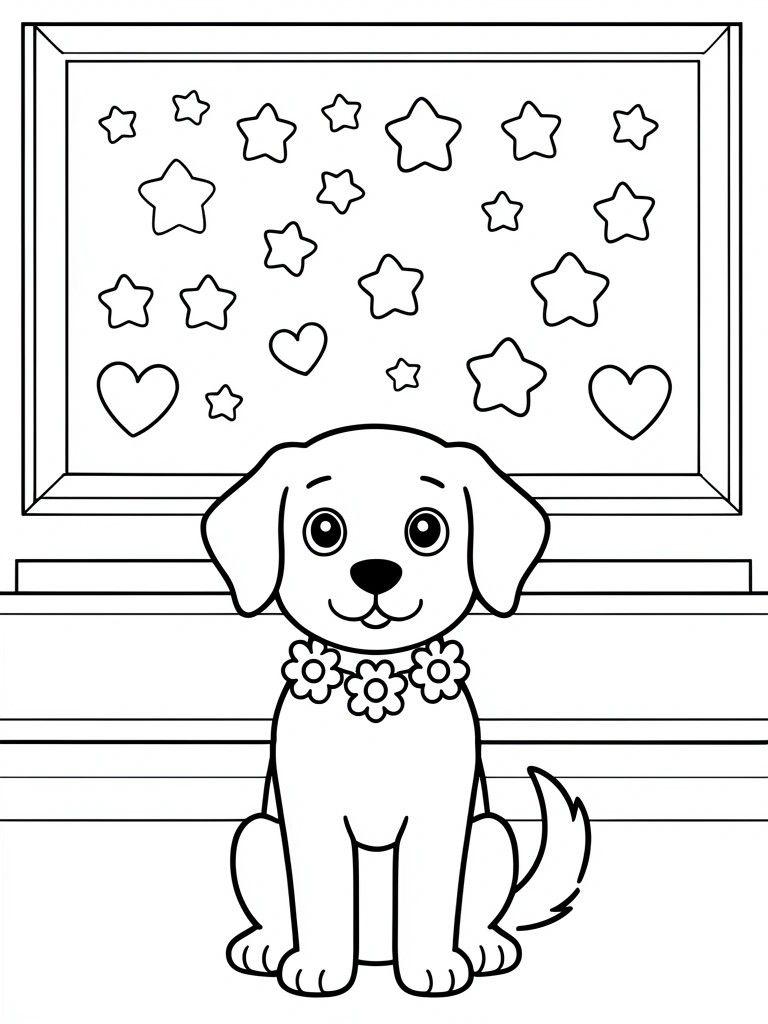 Cartoon puppy with flower collar sits before framed stars and hearts drawing.