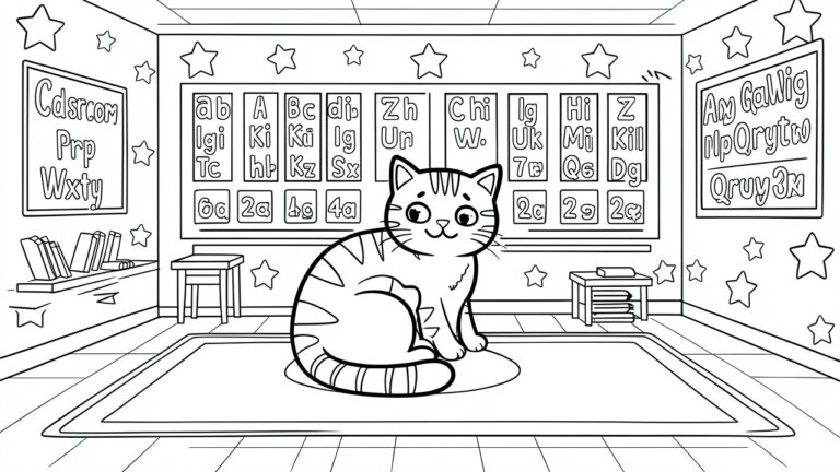 A black and white line drawing of a smiling cat on a circular rug inside a room with alphabet posters and star decorations on the walls.