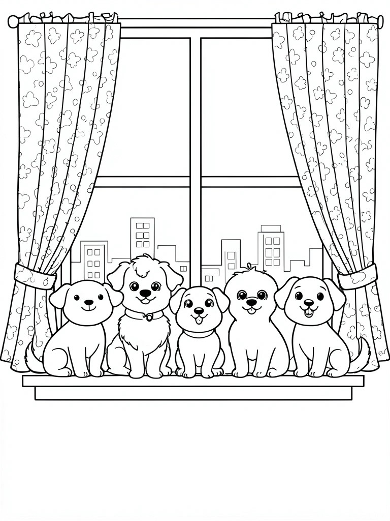 A line drawing shows five puppies sitting side by side on a windowsill in front of a window with patterned curtains and city buildings visible outside.