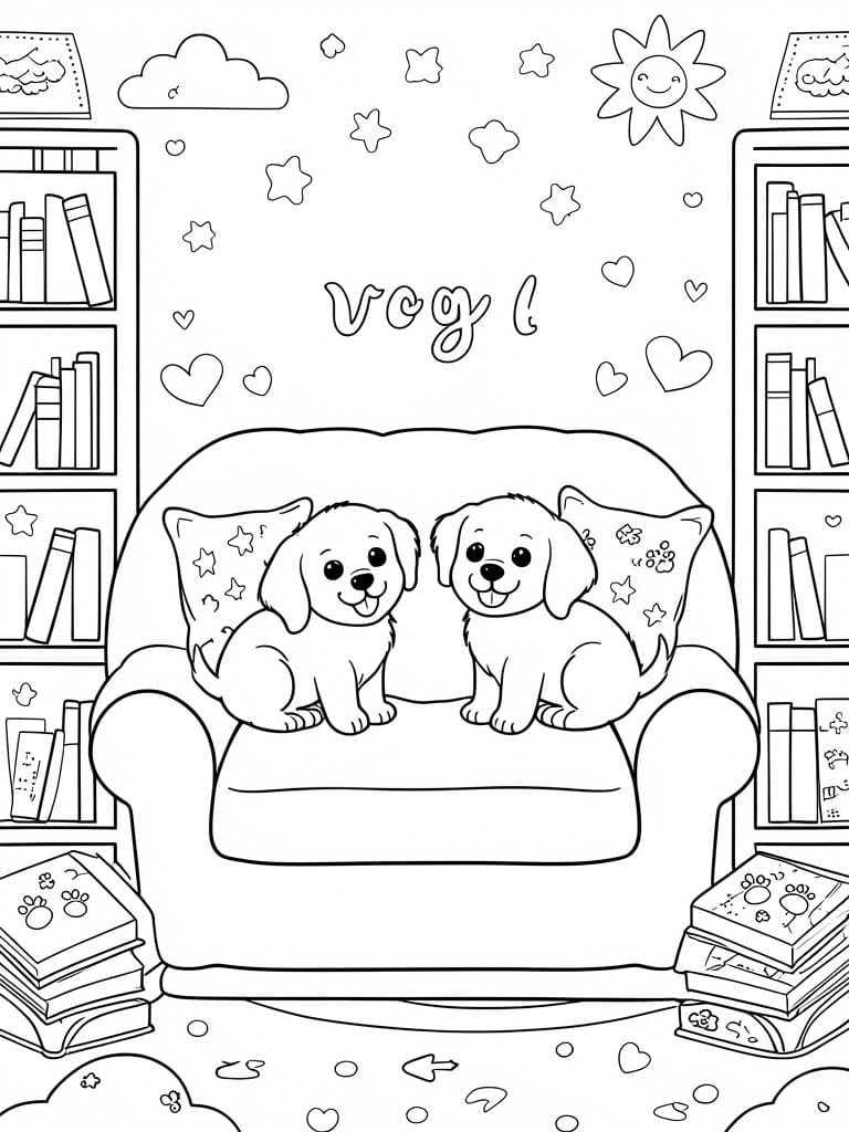 Two puppies on armchair between bookshelves with stars, hearts, and books.