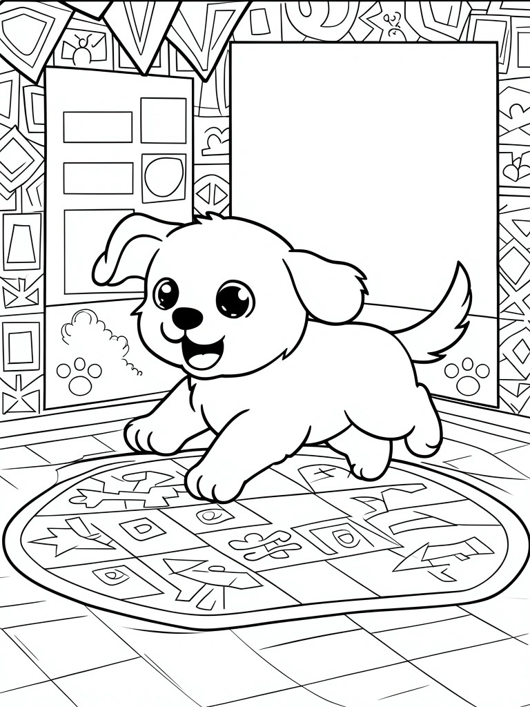Cartoon puppy excitedly running on patterned rug in decorated room