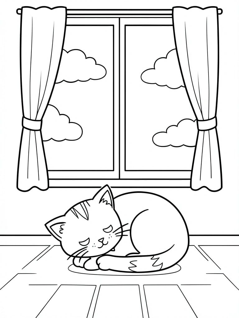Line drawing of a sleeping cat curled up on the floor in front of a window with curtains and clouds visible outside.