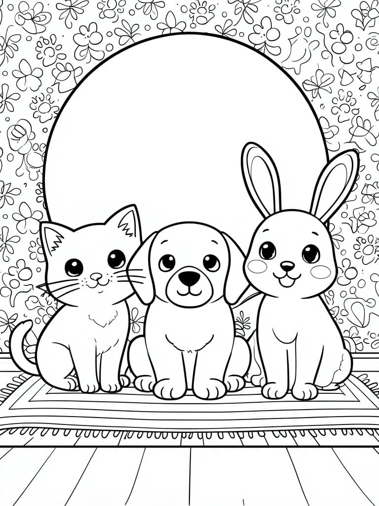 A black and white line drawing shows a cat, dog, and rabbit sitting together on a mat with a big circle and flowers in the background.