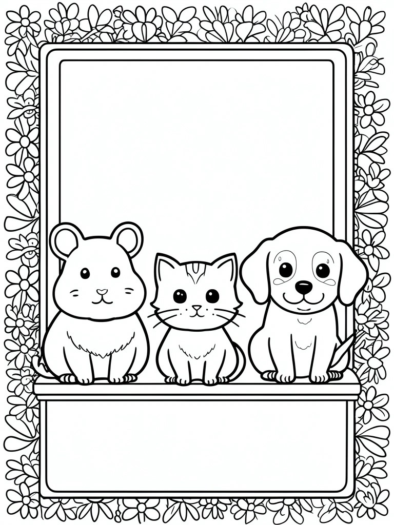 Cute cartoon hamster, cat, and dog in flower-bordered frame with blank panels