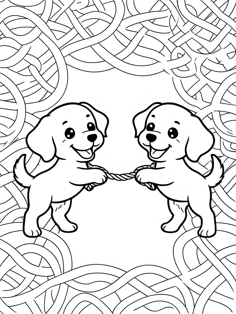Two cartoon puppies pull on a rope with a border of tangled lines around them.