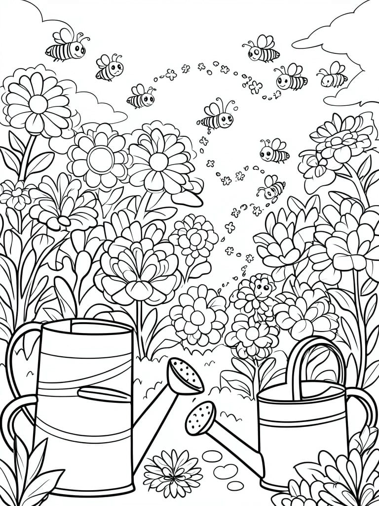 Coloring page of bees flying among flowers with watering cans in garden.