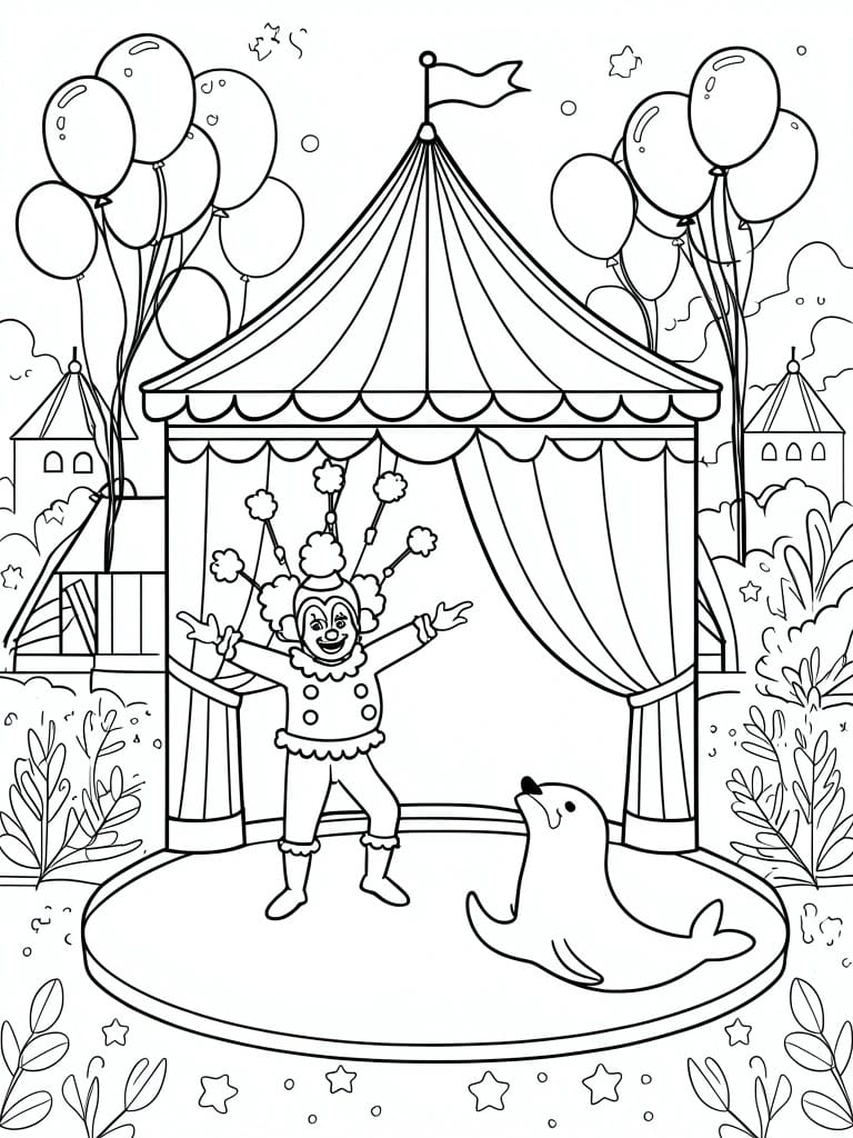 Clown with outstretched arms performs beside a seal under a circus tent with balloons.