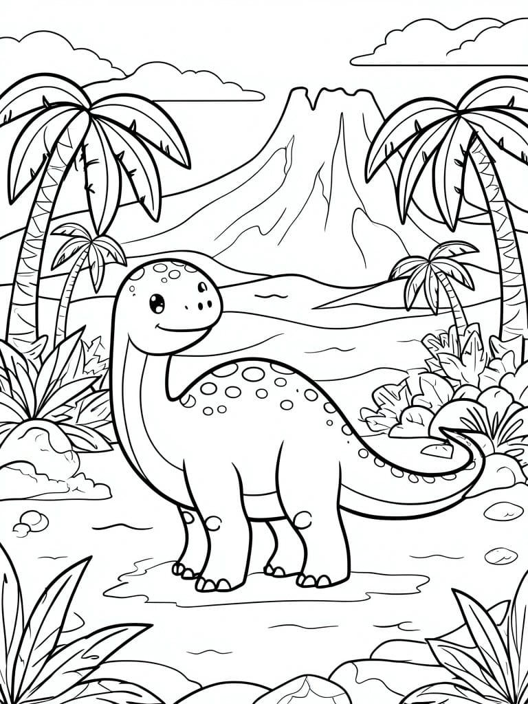 Cute cartoon dinosaur with spots amid palm trees and mountains in jungle scene