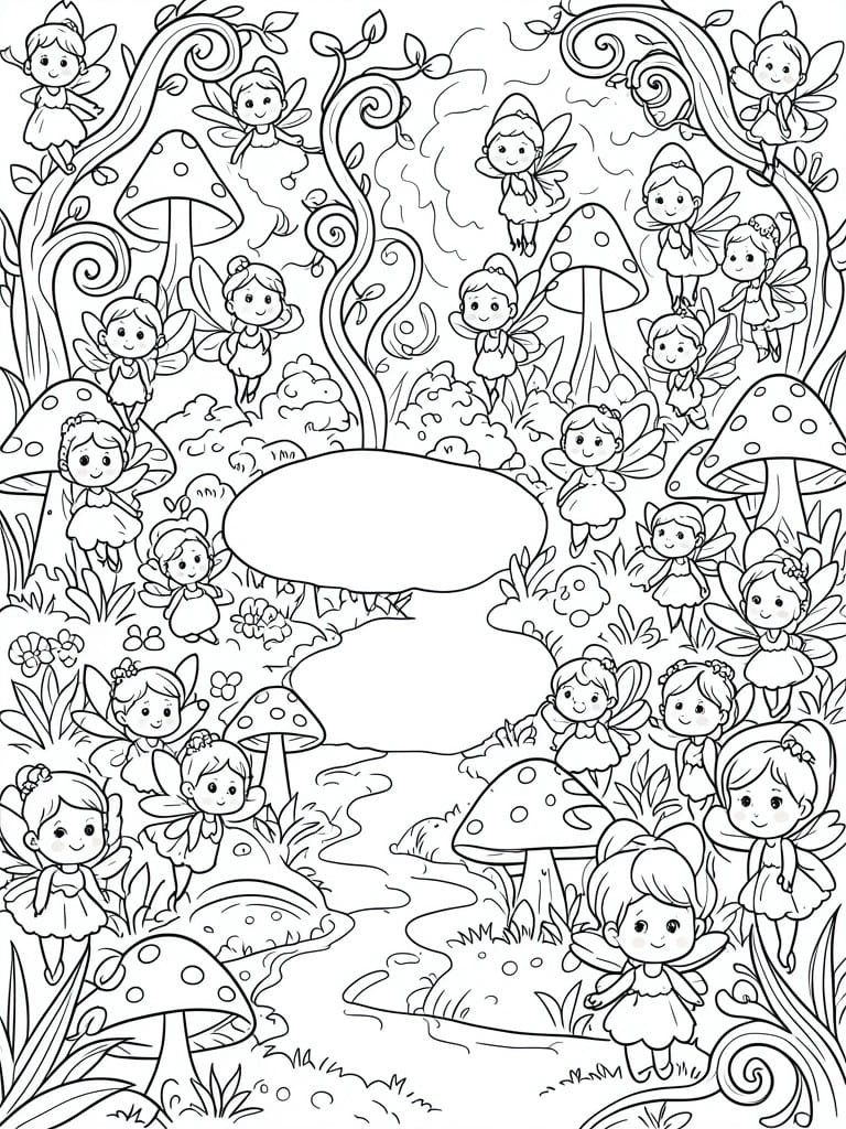 Coloring page of many fairies flying among giant mushrooms in forest