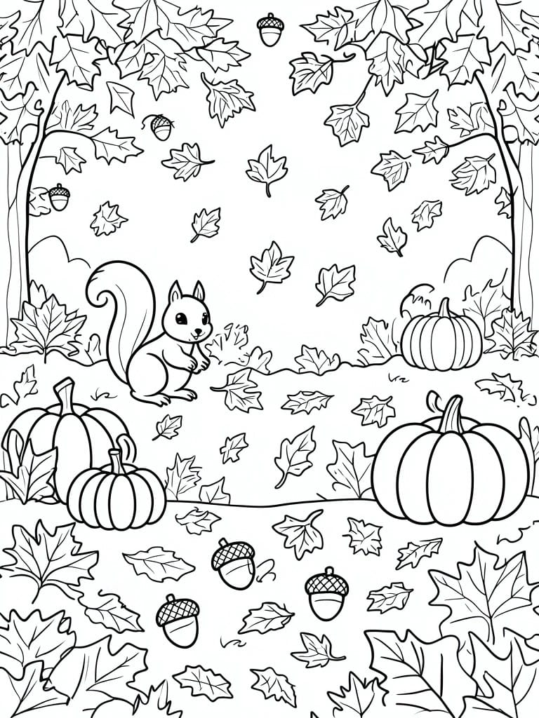 Autumn coloring page with squirrel, pumpkins, acorns, and falling leaves.