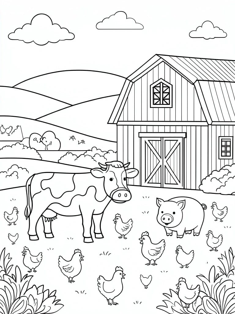 A black and white line drawing of a farm scene showing a barn, a cow, a pig, and multiple chickens with hills and clouds in the background.