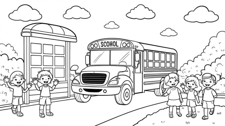 Coloring page of children waving at a smiling school bus with open door