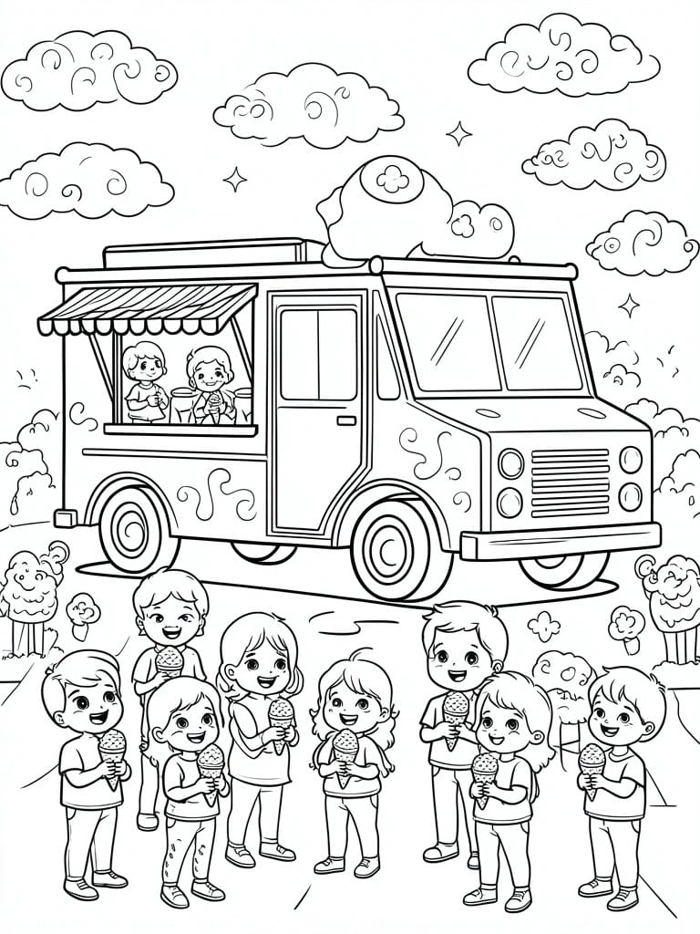 Coloring book page of ice cream truck with smiling children holding cones