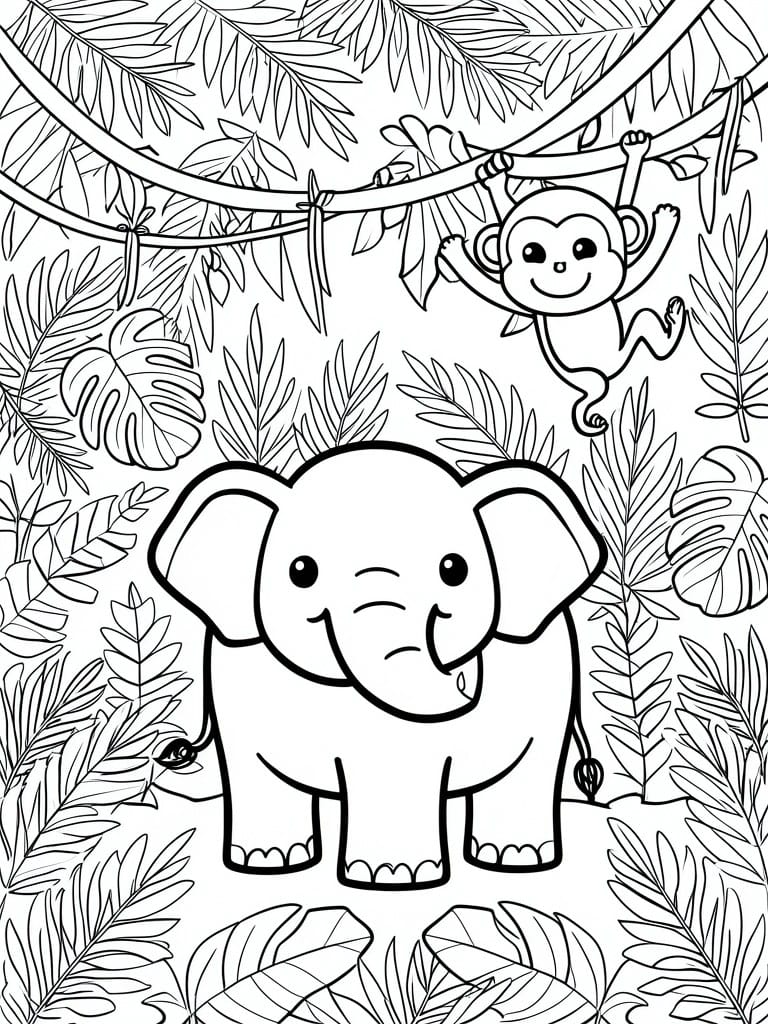 Cartoon elephant and swinging monkey amid dense jungle leaves in line art.