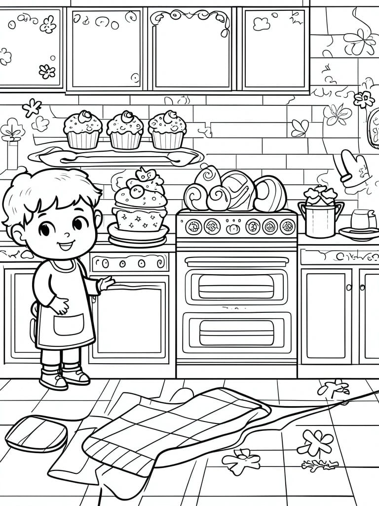 A black and white line drawing of a boy in an apron in a kitchen with cupcakes on the stove, cabinets above, and oven mitts on the floor.