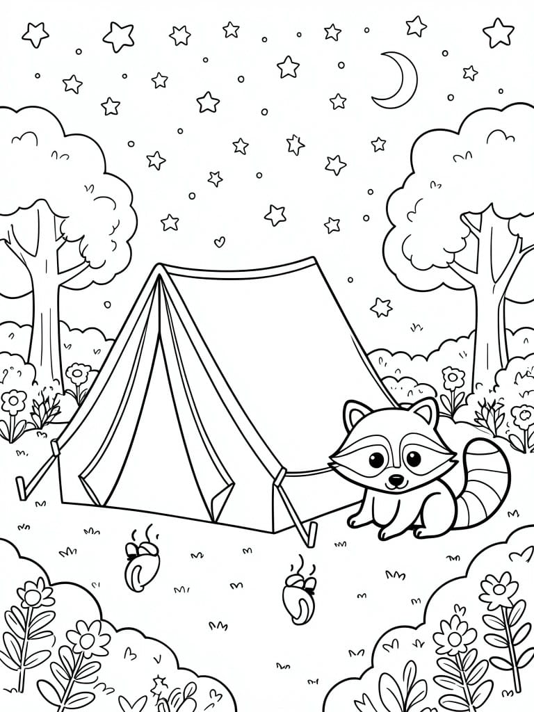A black and white line drawing of a tent pitched in the woods at night with a raccoon sitting next to it, stars and a moon overhead, trees and flowers around the edges, and marshmallows on the ground.