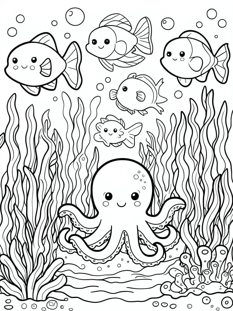 Coloring page of smiling octopus with fish amid seaweed and bubbles