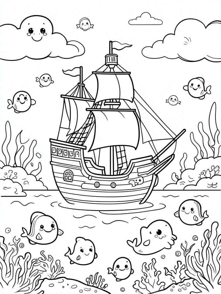 Coloring page of pirate ship with cute fish, clouds, and coral reefs
