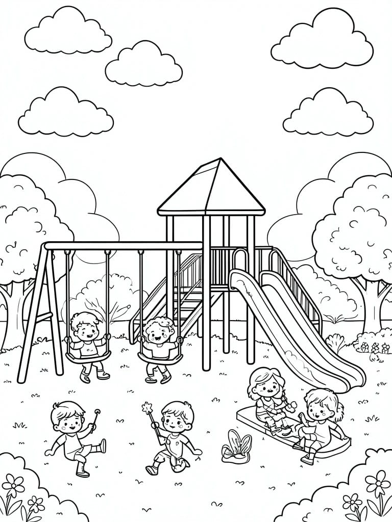 Black-and-white cartoon of children playing on swings, slide, and seesaw in playground