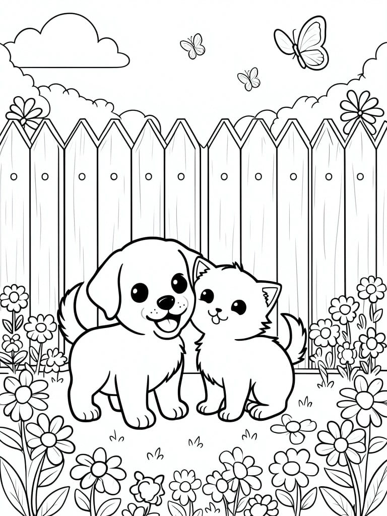 Coloring page of smiling puppy and kitten in flower garden with fence and butterflies.
