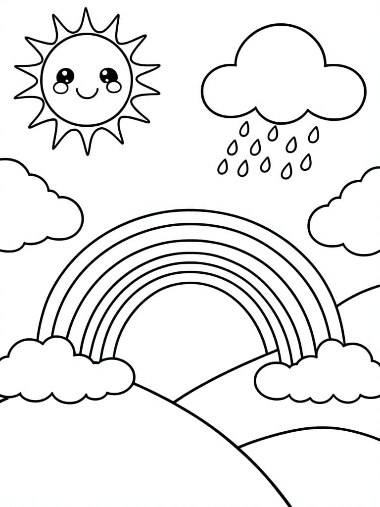 Smiling cartoon sun, raining cloud, and arched rainbow over hills.