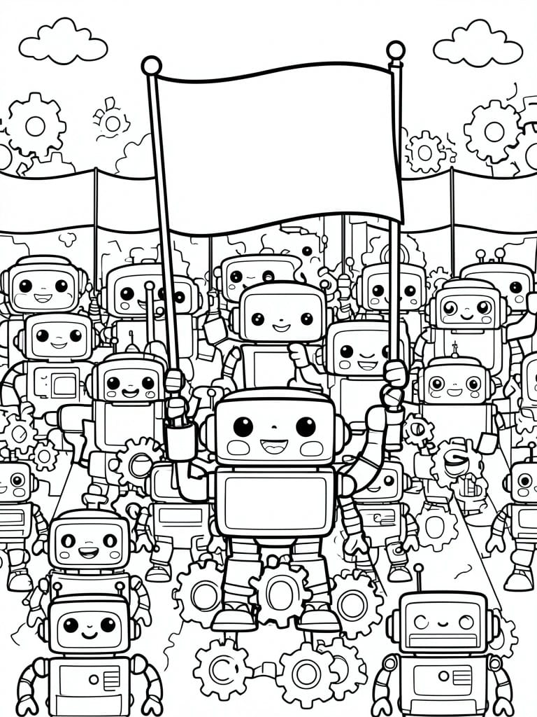 A black and white coloring page of many cartoon robots holding flags with gears and clouds around them.