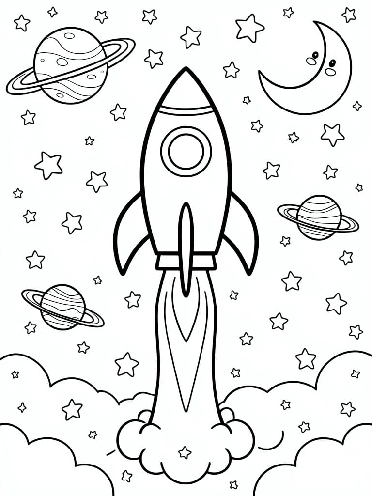 A black and white line drawing of a rocket launching upward with ringed planets, stars, a crescent moon, and clouds at the bottom.