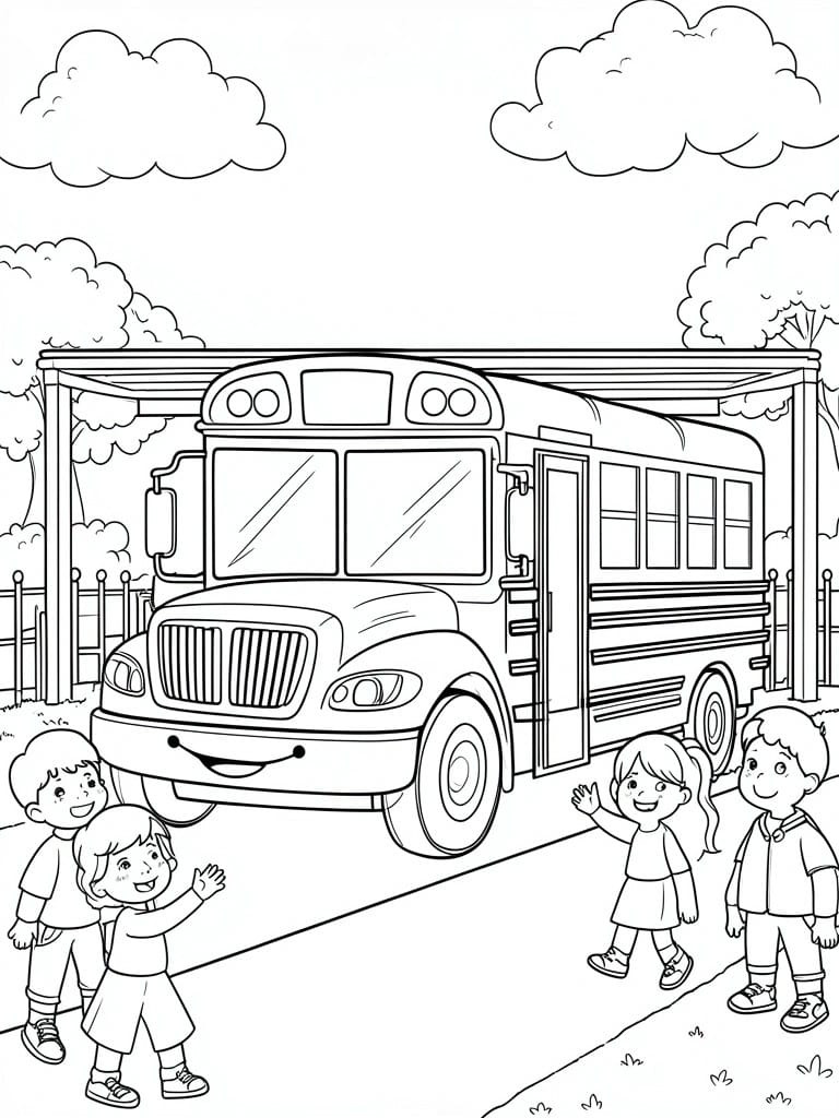 Coloring page of children waving at a smiling school bus with open door