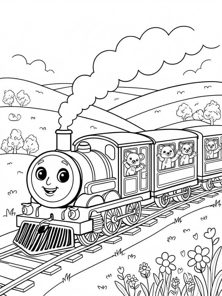 A black and white line drawing shows a steam train engine with three passenger cars carrying waving bears, set on tracks amid hills, trees, and flowers.