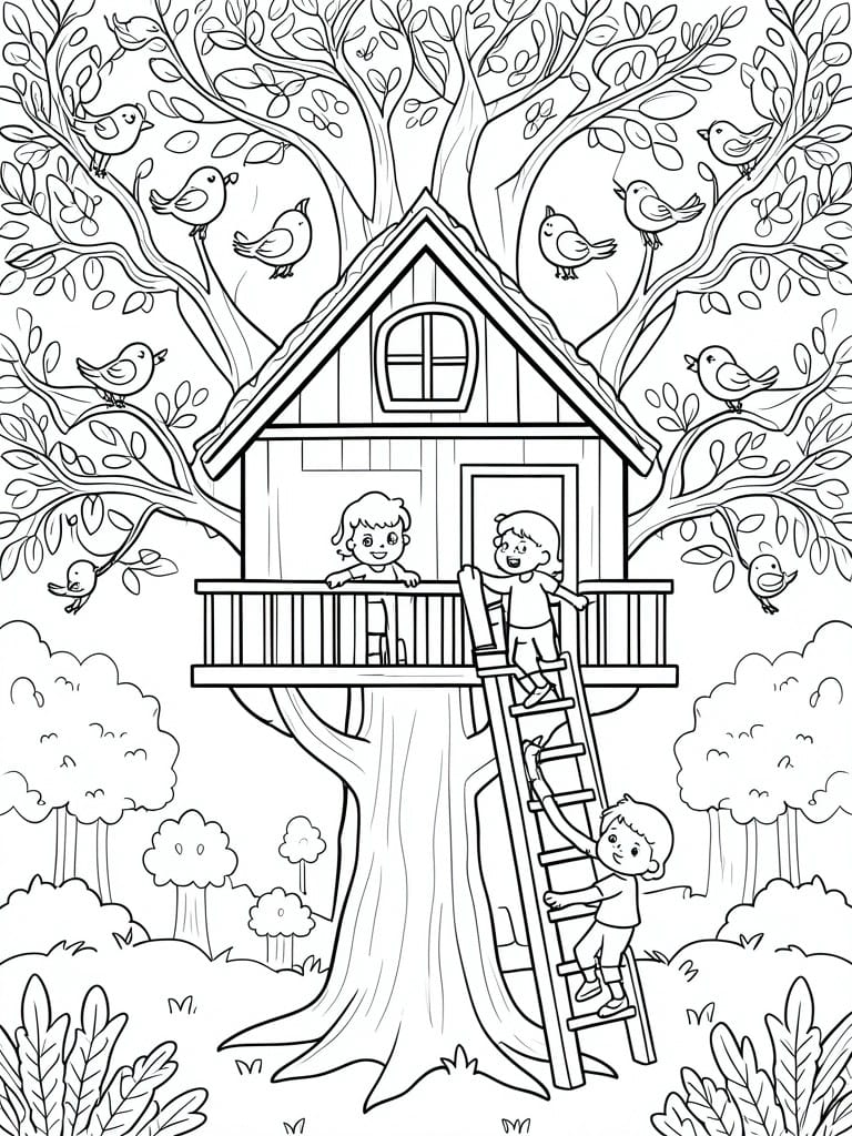 A black and white line drawing of a treehouse in a tree with three children, one climbing a ladder, and many birds on the branches.