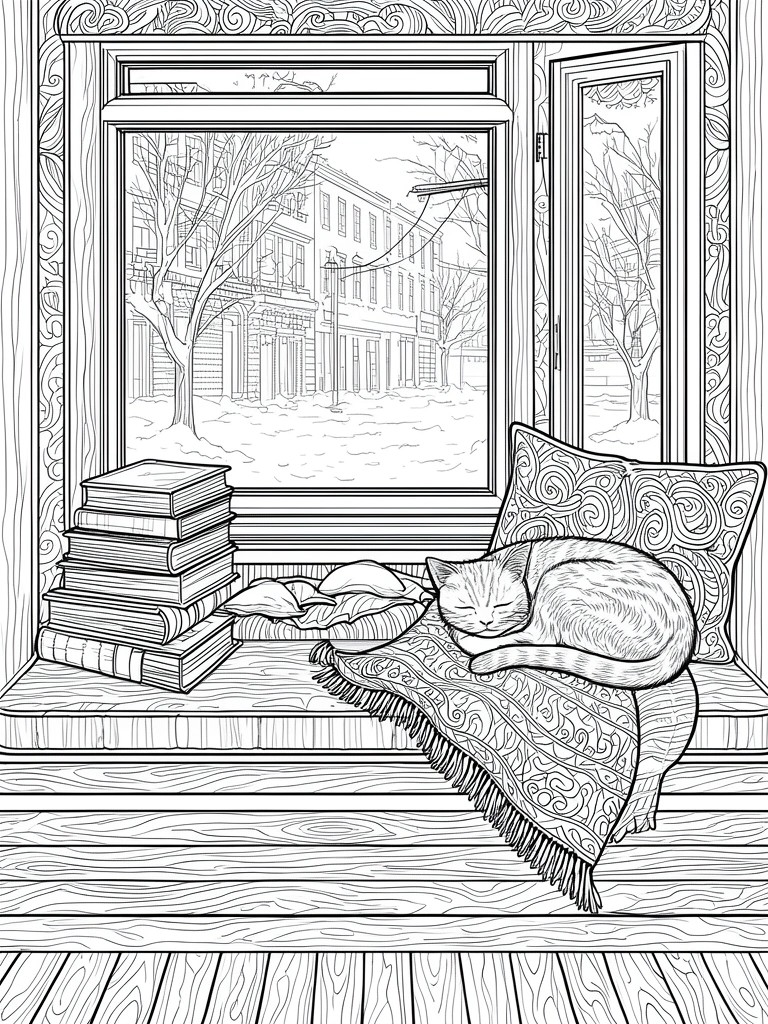 Sleeping cat on fringed blanket beside books and pillows on windowsill ledge