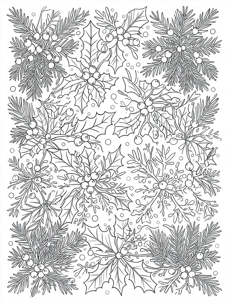 Black and white line art of holly, berries, and pine branches.