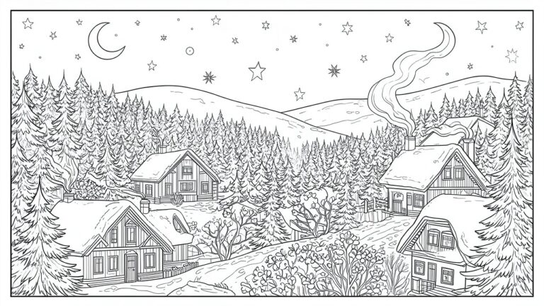 22 Peaceful Winter Coloring Pages for Hygge Season A black and white line drawing of snow-covered cabins in a forest with mountains, a crescent moon, and stars in the sky.