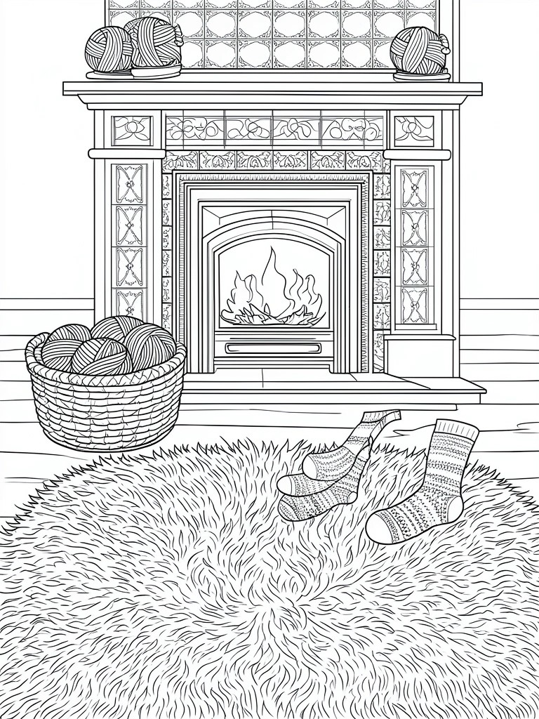 A black and white line drawing of a fireplace with yarn balls on the mantel, a basket of yarn on the floor, a burning fire, and socks on a fluffy rug.