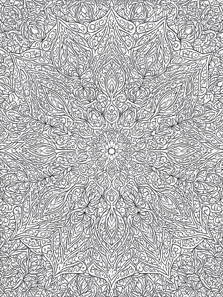 A black and white line drawing of a highly detailed symmetrical mandala filled with floral and leaf patterns.