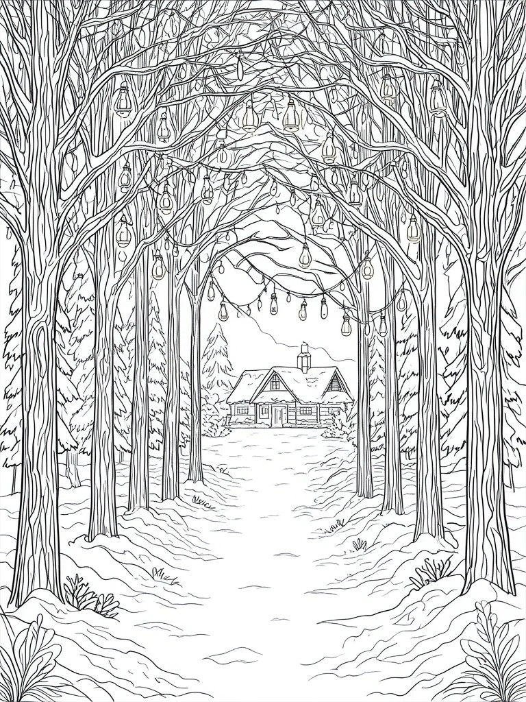 Coloring page of winter forest path with hanging lanterns leading to cabin