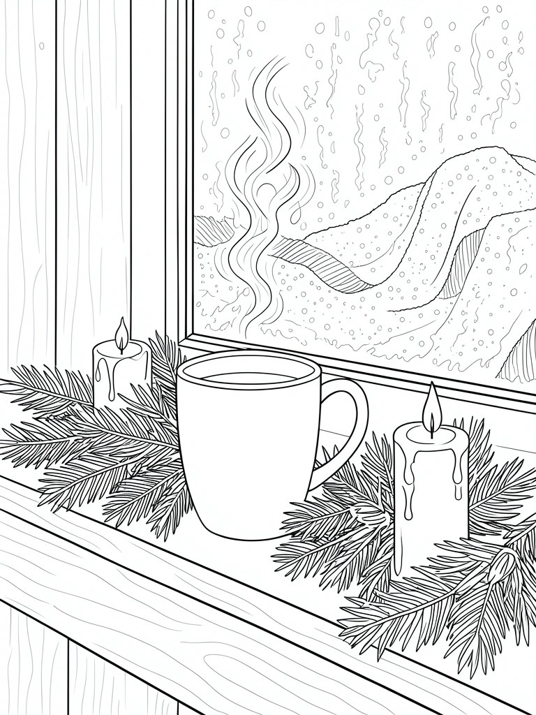 A coloring page of a steaming mug on a windowsill with candles and pine branches overlooking a snowy landscape.