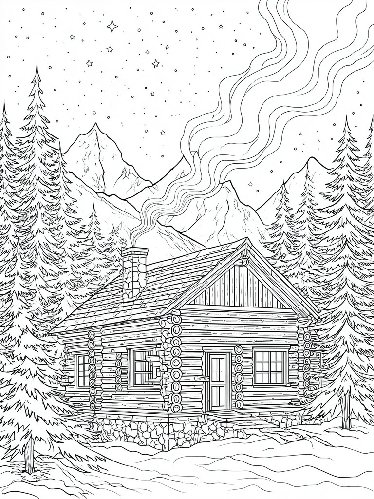 A black and white line drawing of a log cabin in the mountains with pine trees, smoke from the chimney, and stars in the night sky.