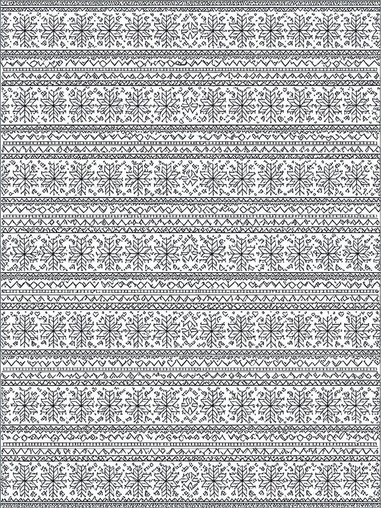 Black and white coloring page with horizontal rows of snowflakes separated by patterned borders.