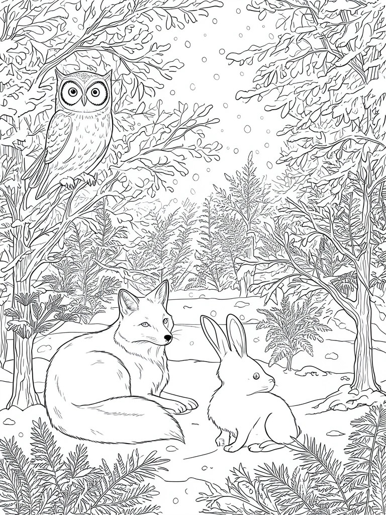 Line art of owl, fox and rabbit in snowy winter forest scene
