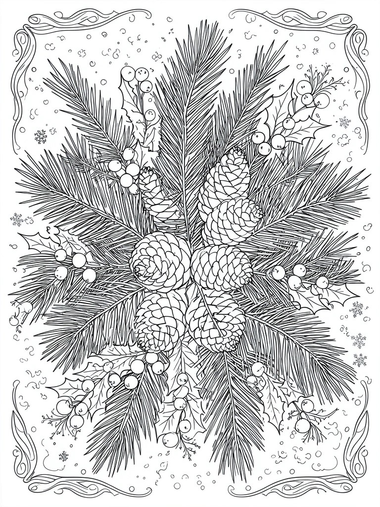 A black and white coloring page with a circular arrangement of pine branches, pinecones, holly berries, and snowflakes inside a decorative border.