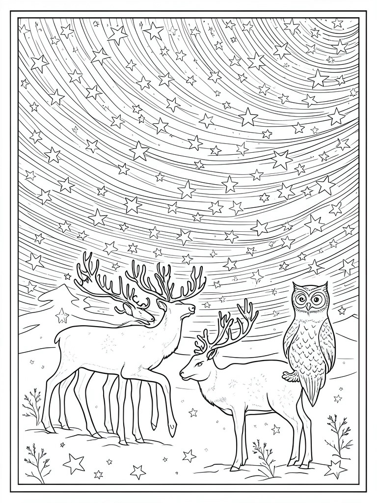 A black and white coloring page of two reindeer and an owl in a snowy landscape under a sky filled with stars and swirling lines.