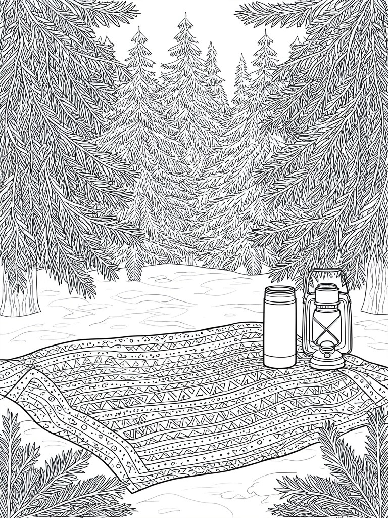 Line drawing of patterned picnic blanket with thermos and lantern in pine forest