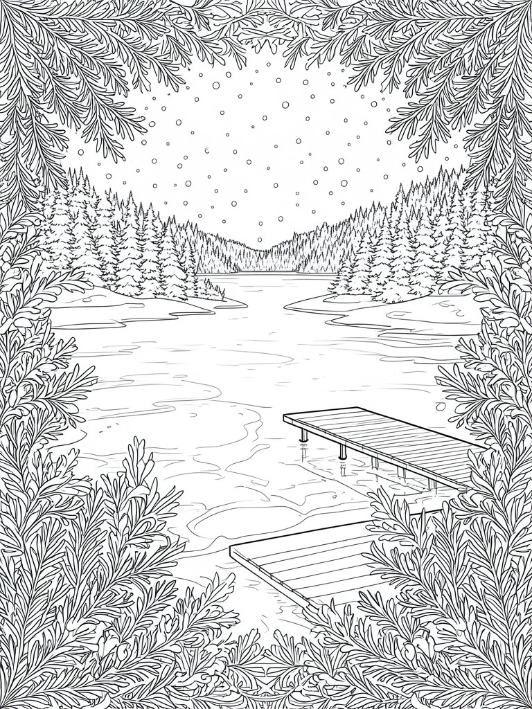 Black-and-white line art of snowy lake with wooden dock and pine trees