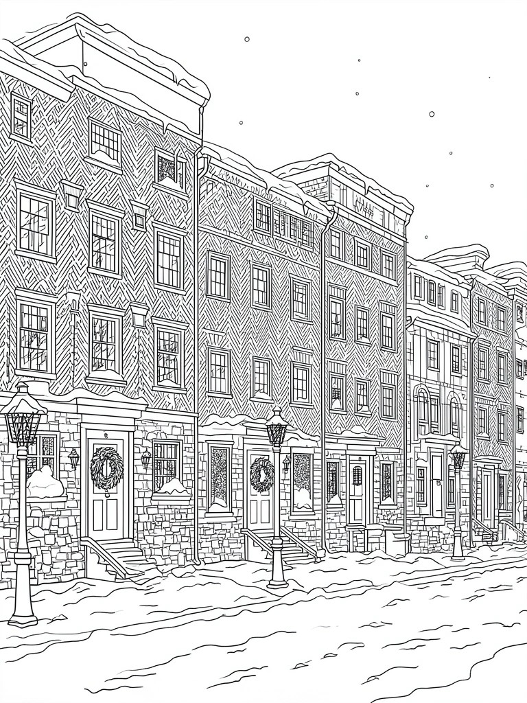 Line art of snowy street with brick row houses, wreaths, and street lamps.