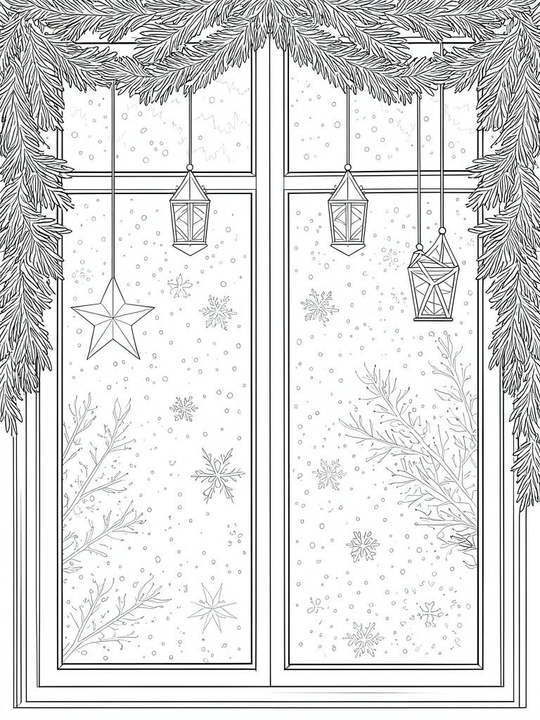 Line art of double windows with pine garlands, hanging lanterns, star, and snowflakes