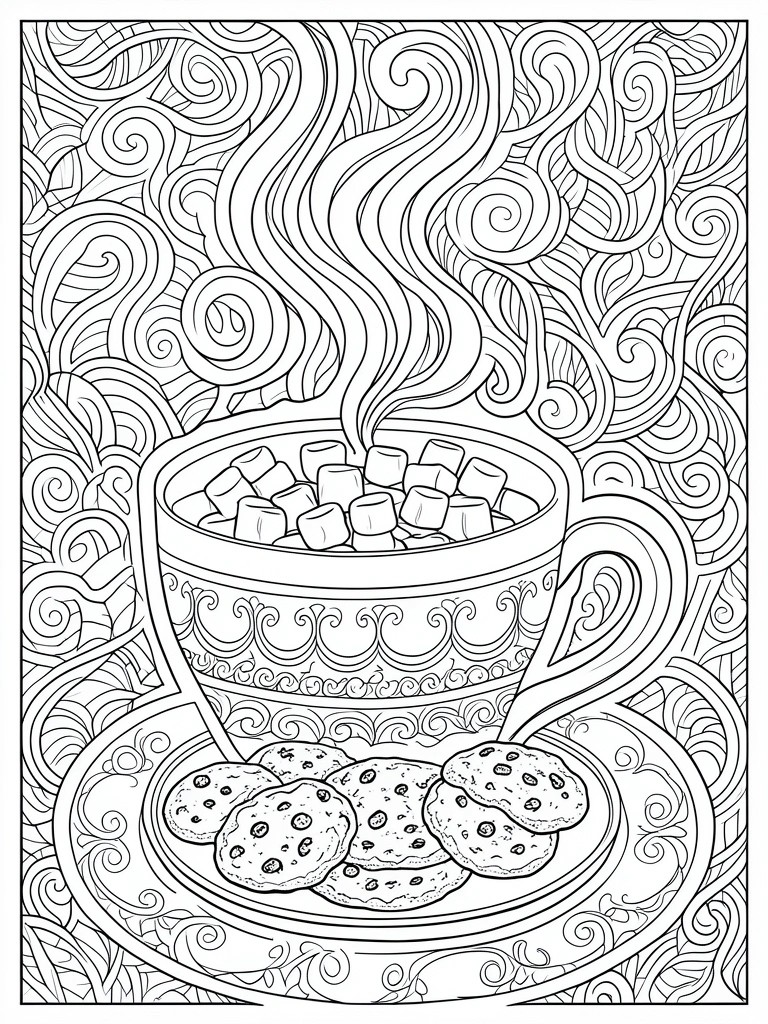Line art of steaming cocoa mug with marshmallows, cookies on saucer, and swirls.