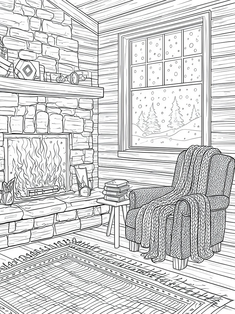 Cozy cabin interior line art with stone fireplace, armchair, books, and snowy window.